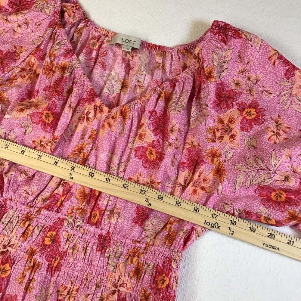 LOFT Lily Gathered Waist Floral Puff Sleeve Blouse large boho Flirty - Picture 9 of 12